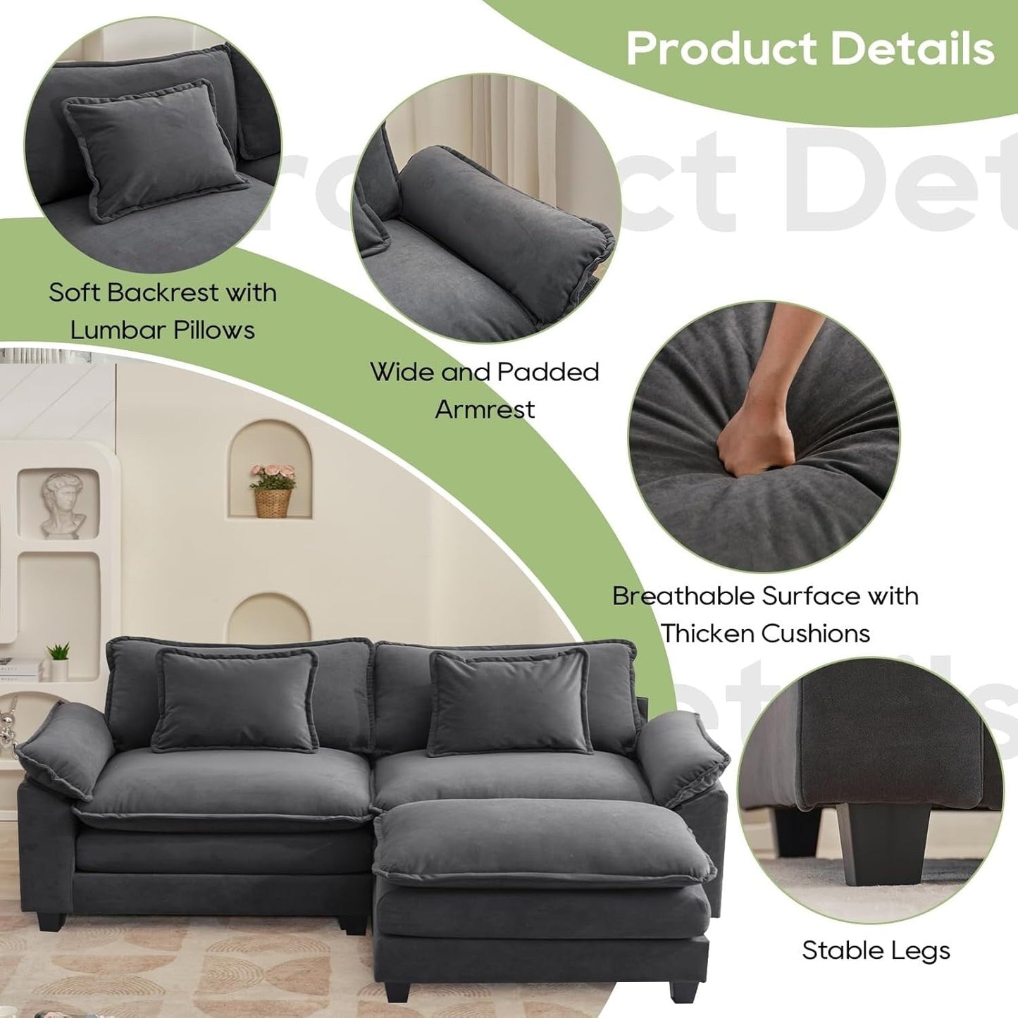 Canapé sectionnel Cloud 86 - Canapé en chenille en forme de L avec pouf et coussins, siège profond (beige blanc)