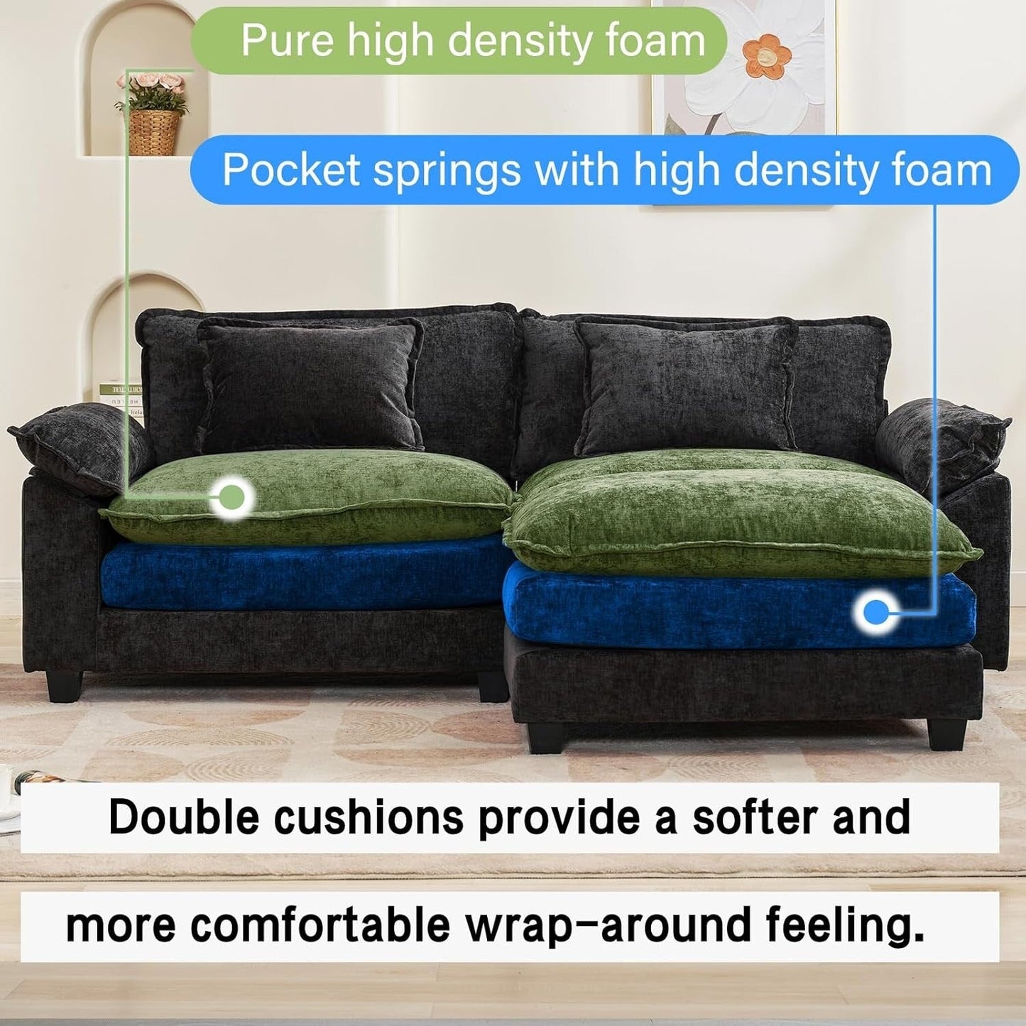 Canapé sectionnel Cloud 86 - Canapé en chenille en forme de L avec pouf et coussins, siège profond (beige blanc)