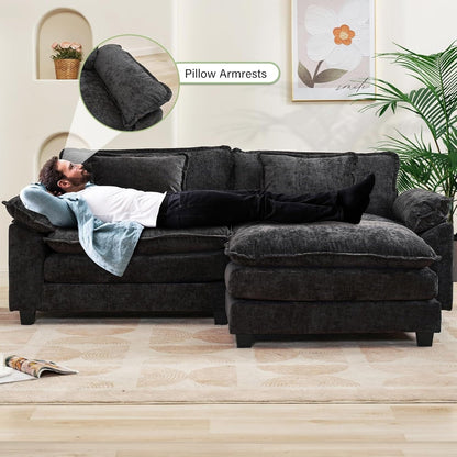 Canapé sectionnel Cloud 86 - Canapé en chenille en forme de L avec pouf et coussins, siège profond (beige blanc)