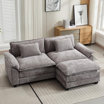 Canapé sectionnel Cloud 86 - Canapé en chenille en forme de L avec pouf et coussins, siège profond (beige blanc)
