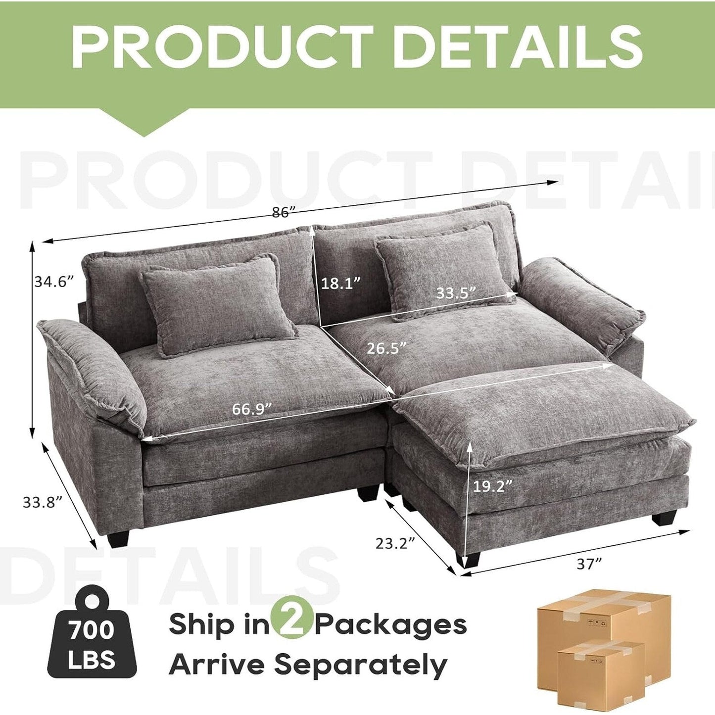 Canapé sectionnel Cloud 86 - Canapé en chenille en forme de L avec pouf et coussins, siège profond (beige blanc)
