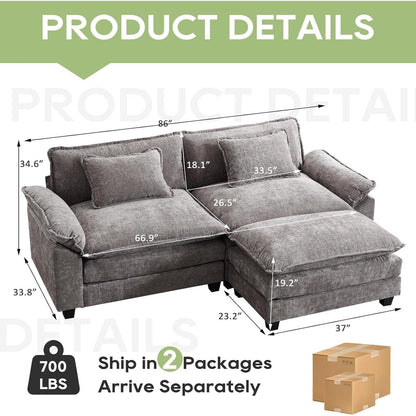 Canapé sectionnel Cloud 86 - Canapé en chenille en forme de L avec pouf et coussins, siège profond (beige blanc)