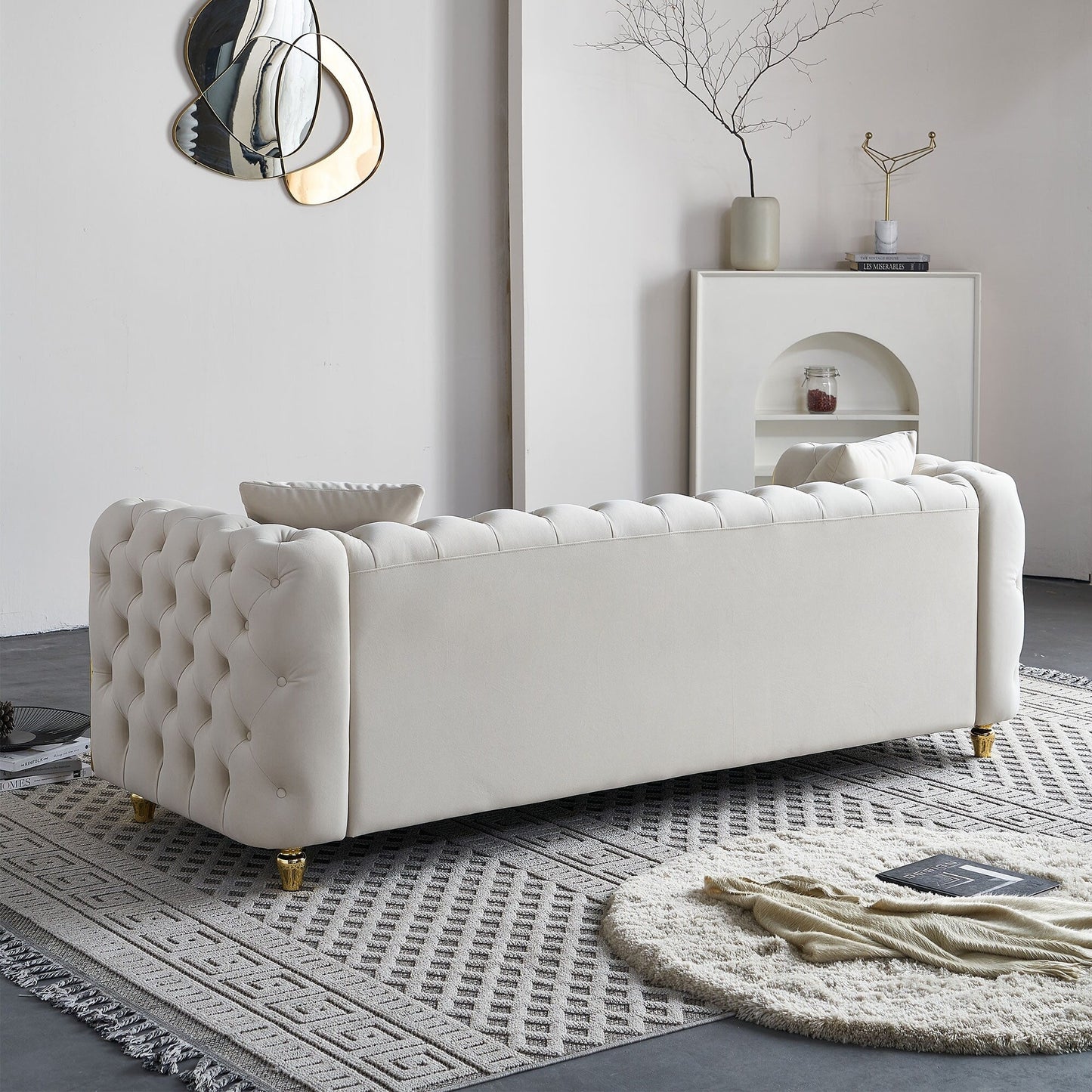 Canapé capitonné moderne de luxe de 86 pouces de largeur avec 2 coussins décoratifs pour salon et chambre à coucher
