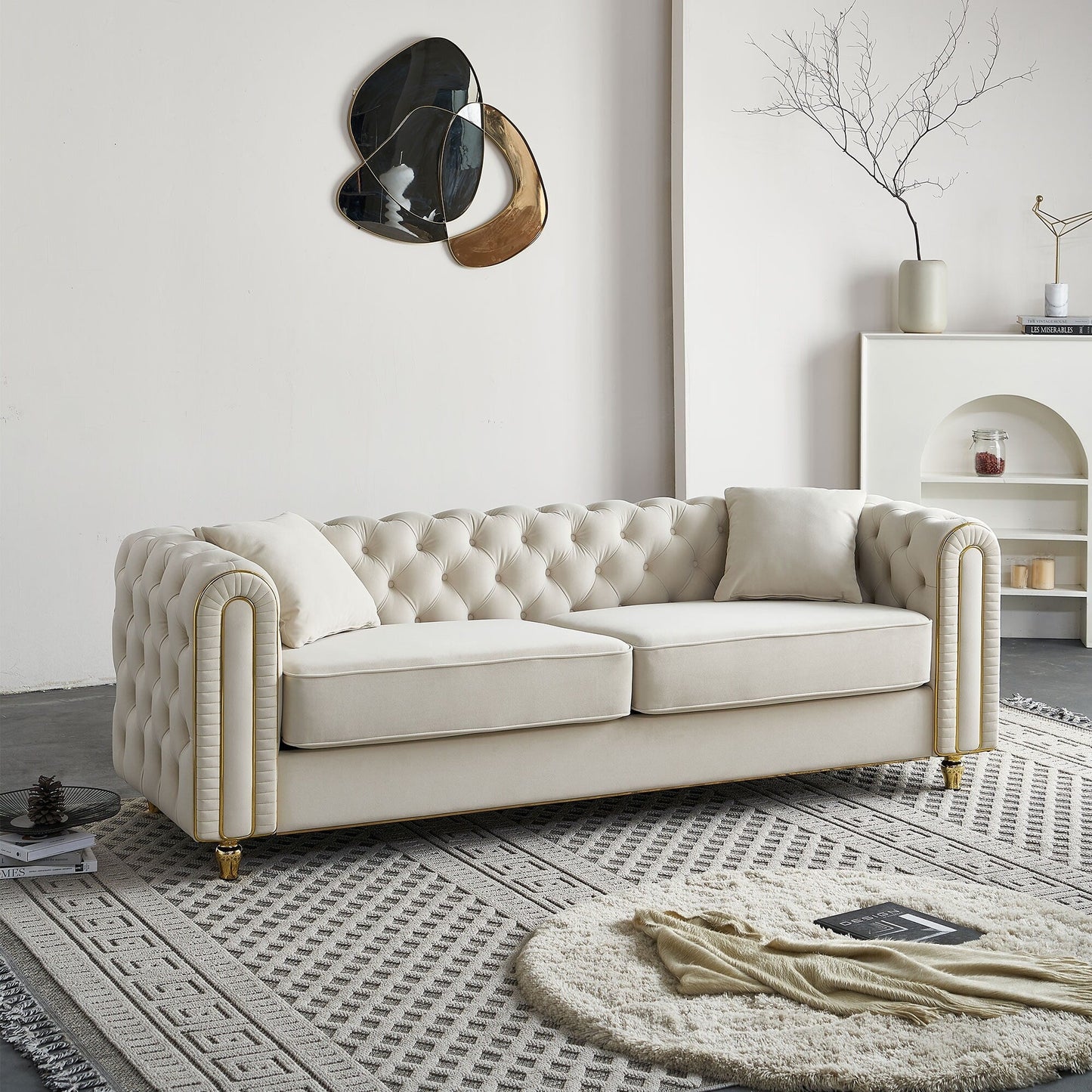 Canapé capitonné moderne de luxe de 86 pouces de largeur avec 2 coussins décoratifs pour salon et chambre à coucher
