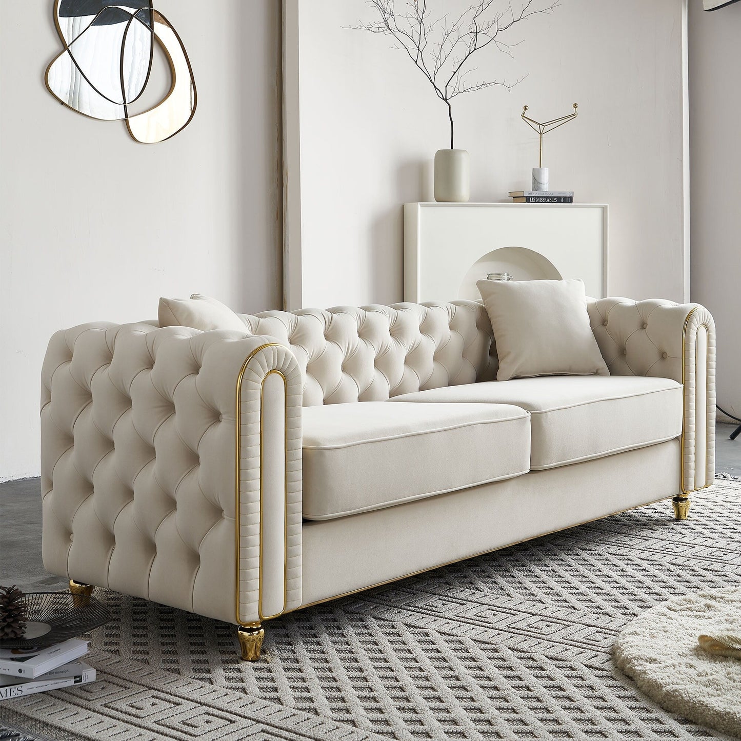 Canapé capitonné moderne de luxe de 86 pouces de largeur avec 2 coussins décoratifs pour salon et chambre à coucher