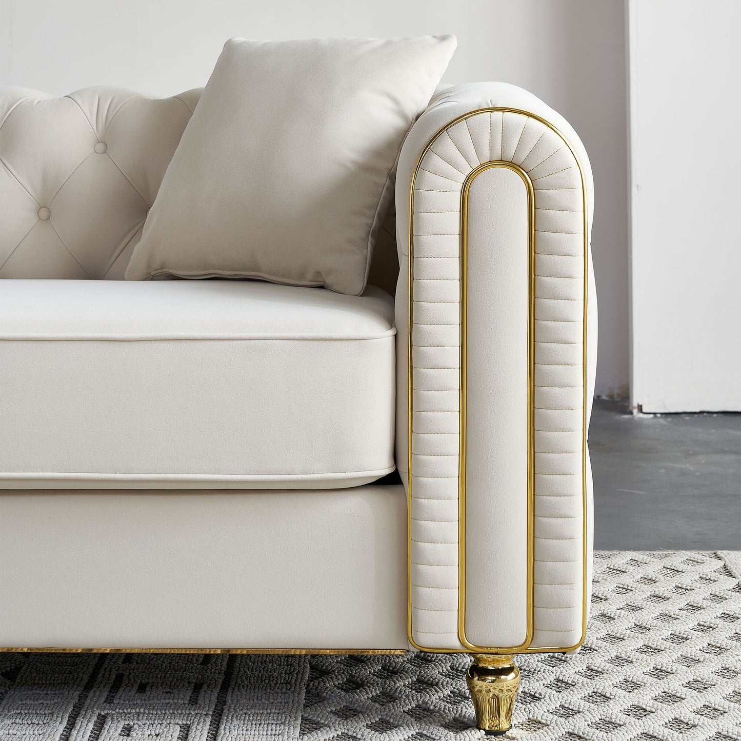 Canapé capitonné moderne de luxe de 86 pouces de largeur avec 2 coussins décoratifs pour salon et chambre à coucher
