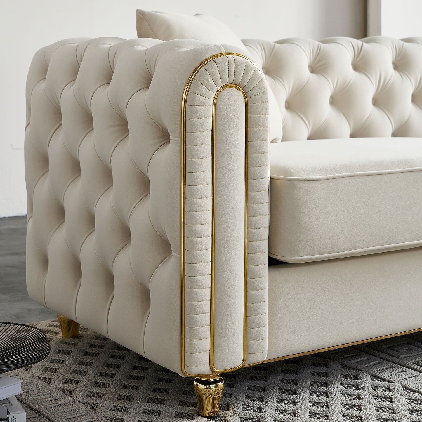 Canapé capitonné moderne de luxe de 86 pouces de largeur avec 2 coussins décoratifs pour salon et chambre à coucher