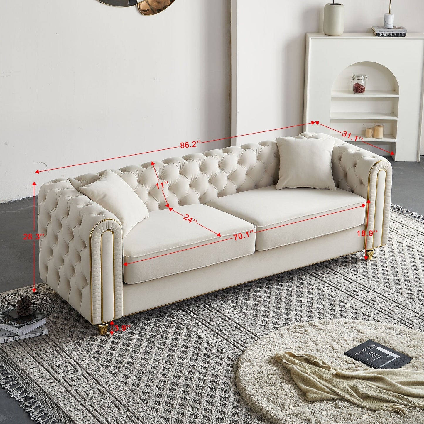 Canapé capitonné moderne de luxe de 86 pouces de largeur avec 2 coussins décoratifs pour salon et chambre à coucher