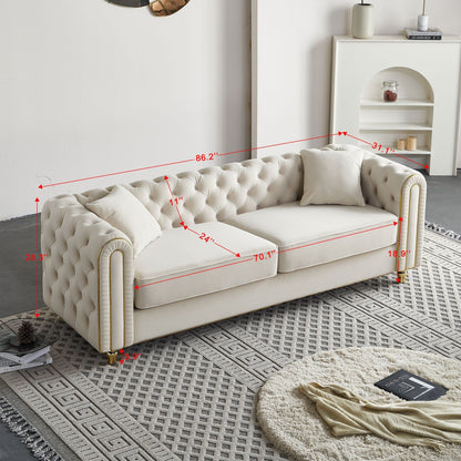 Canapé capitonné moderne de luxe de 86 pouces de largeur avec 2 coussins décoratifs pour salon et chambre à coucher