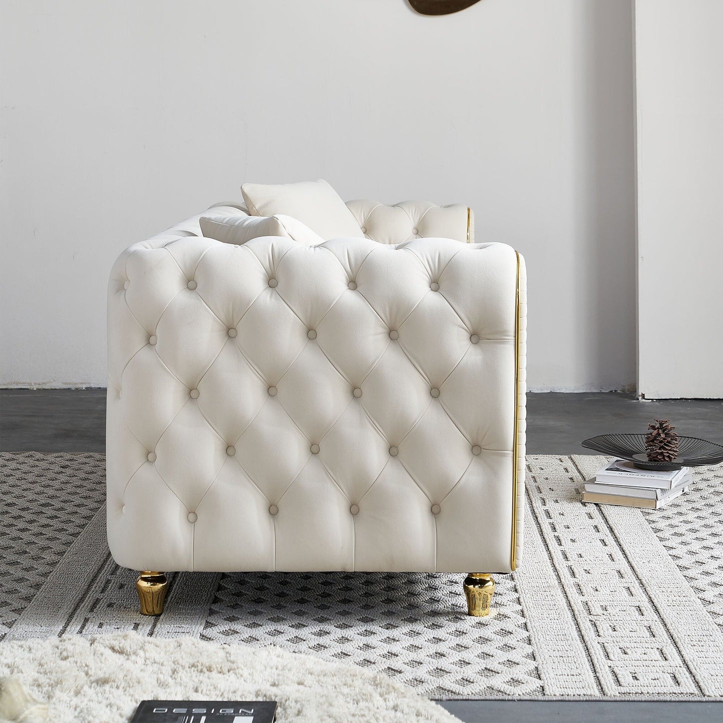 Canapé capitonné moderne de luxe de 86 pouces de largeur avec 2 coussins décoratifs pour salon et chambre à coucher