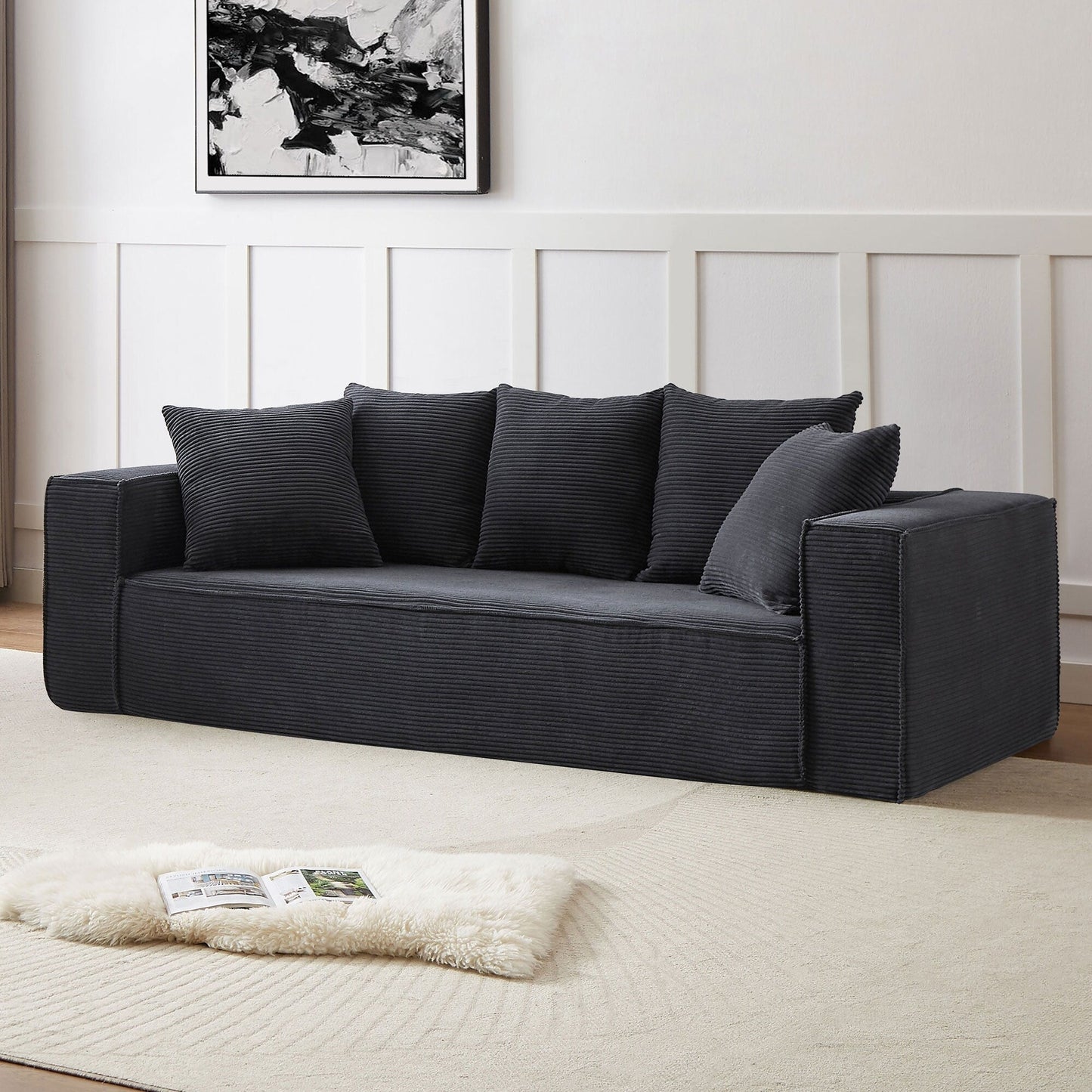 Canapé modulaire 3 places en velours côtelé de 88,97 po avec 5 coussins décoratifs et design spacieux