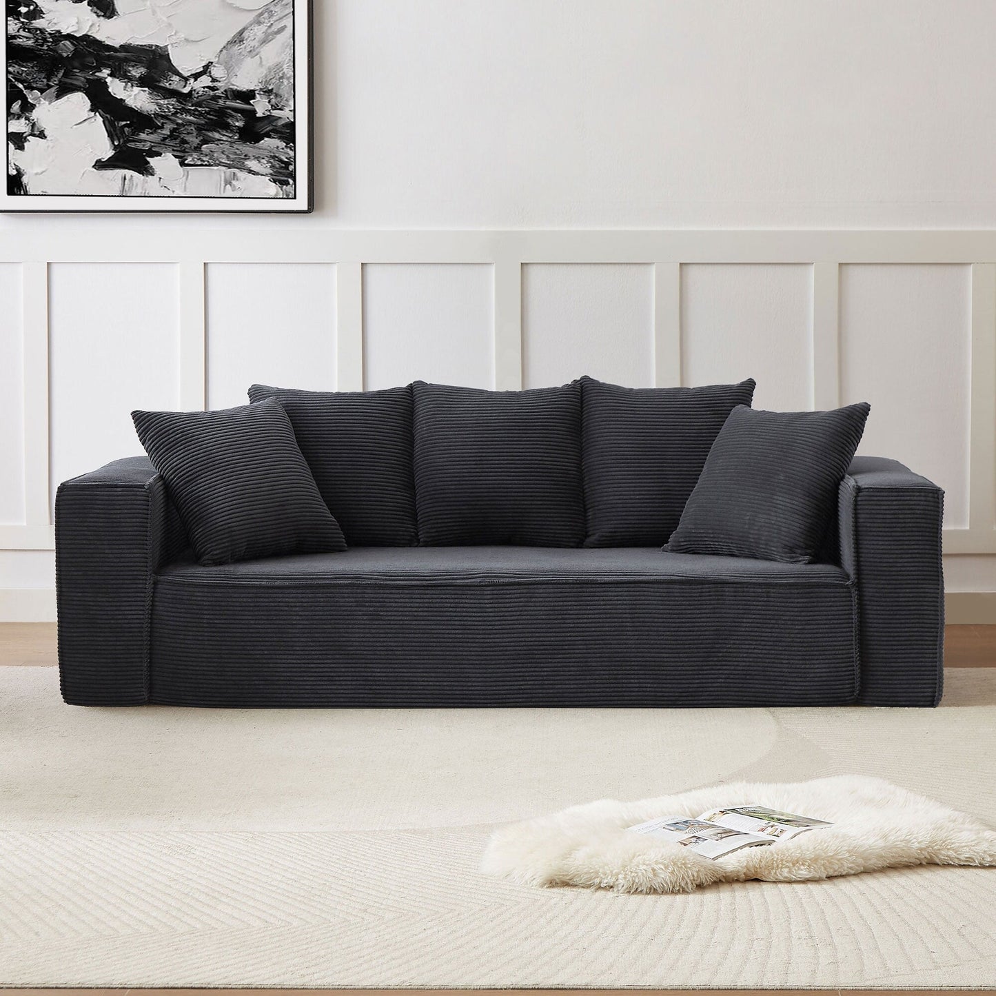 Canapé modulaire 3 places en velours côtelé de 88,97 po avec 5 coussins décoratifs et design spacieux
