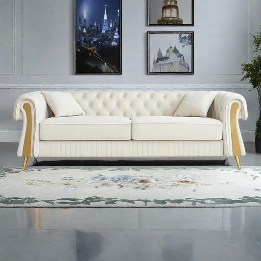 Canapé 3 places en velours 89 avec deux coussins d'assise et deux coussins décoratifs