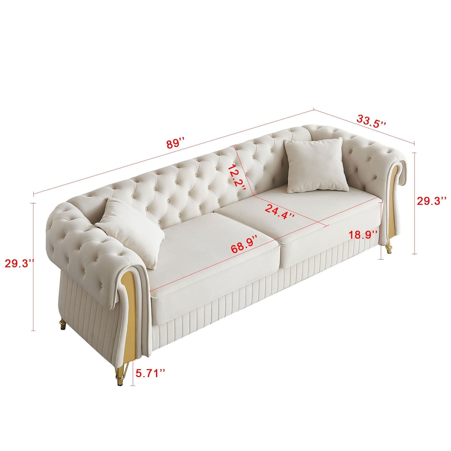 Canapé 3 places en velours 89 avec deux coussins d'assise et deux coussins décoratifs