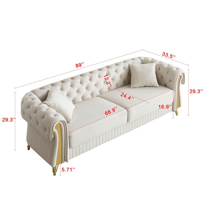 Canapé 3 places en velours 89 avec deux coussins d'assise et deux coussins décoratifs