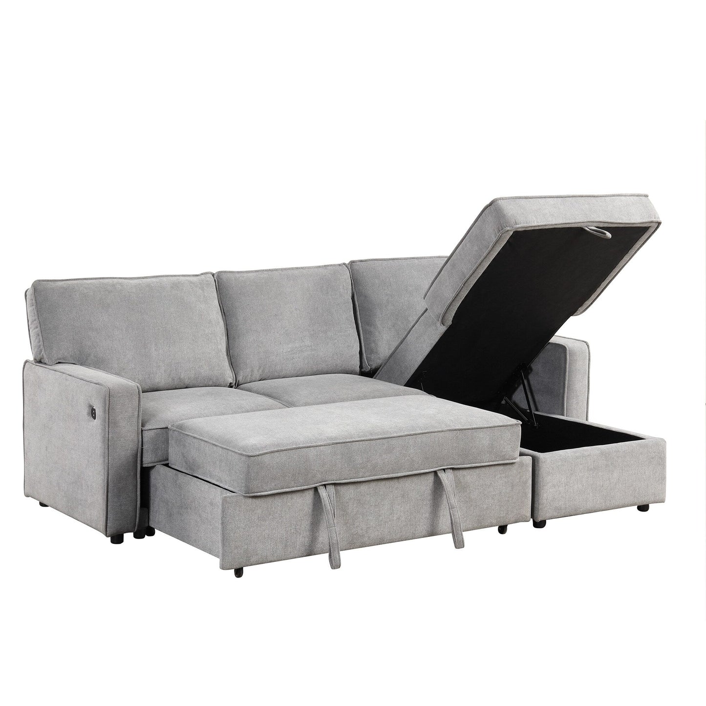 Canapé-lit 3 places en polyester de 89 po avec lit gigogne, port USB, pouf de rangement et porte-gobelets intégrés