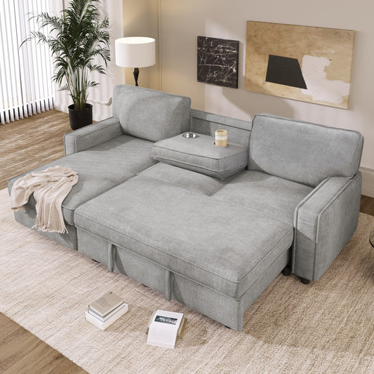 Canapé-lit 3 places en polyester de 89 po avec lit gigogne, chargement USB, pouf de rangement et porte-gobelets intégrés