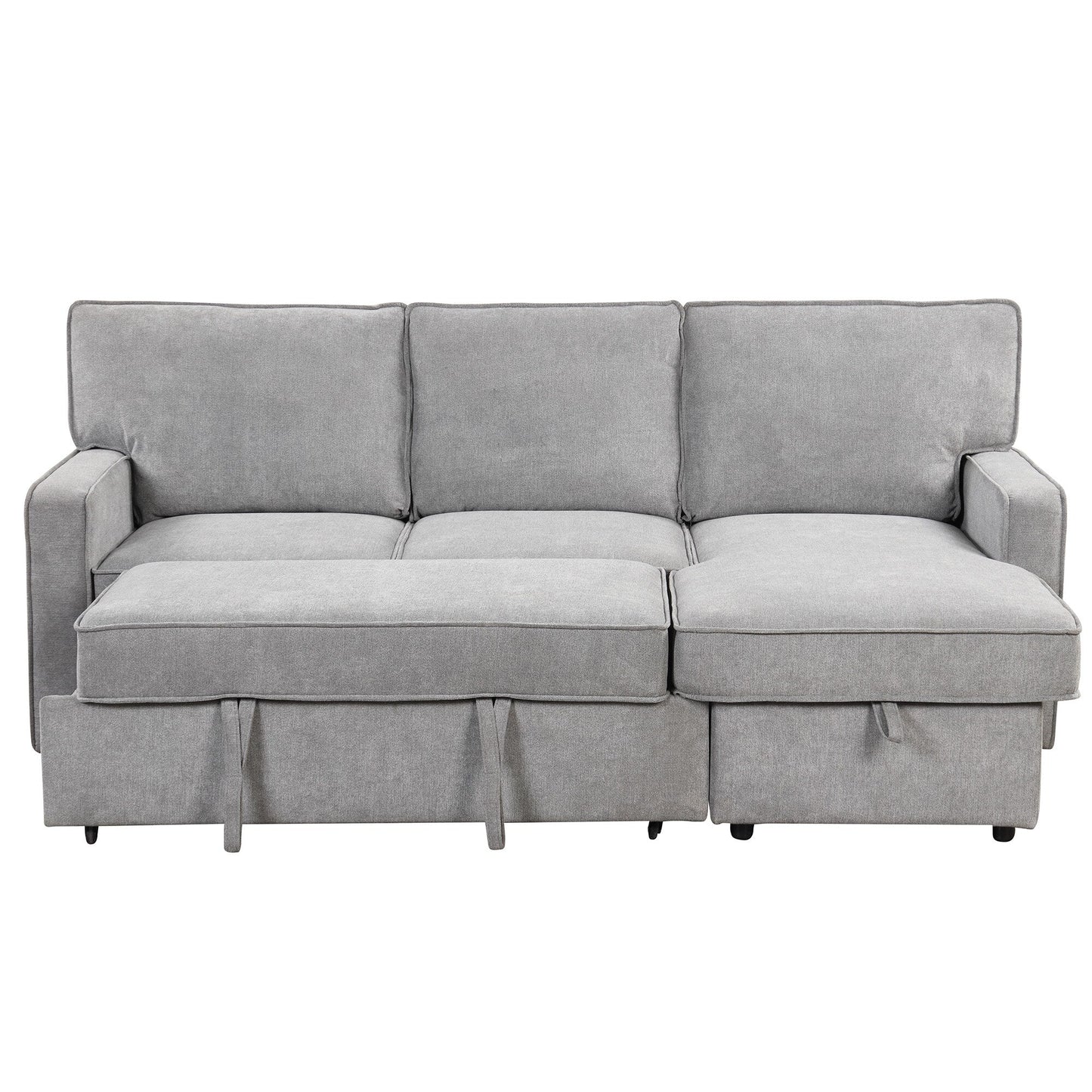 Canapé-lit 3 places en polyester de 89 po avec lit gigogne, chargement USB, pouf de rangement et porte-gobelets intégrés