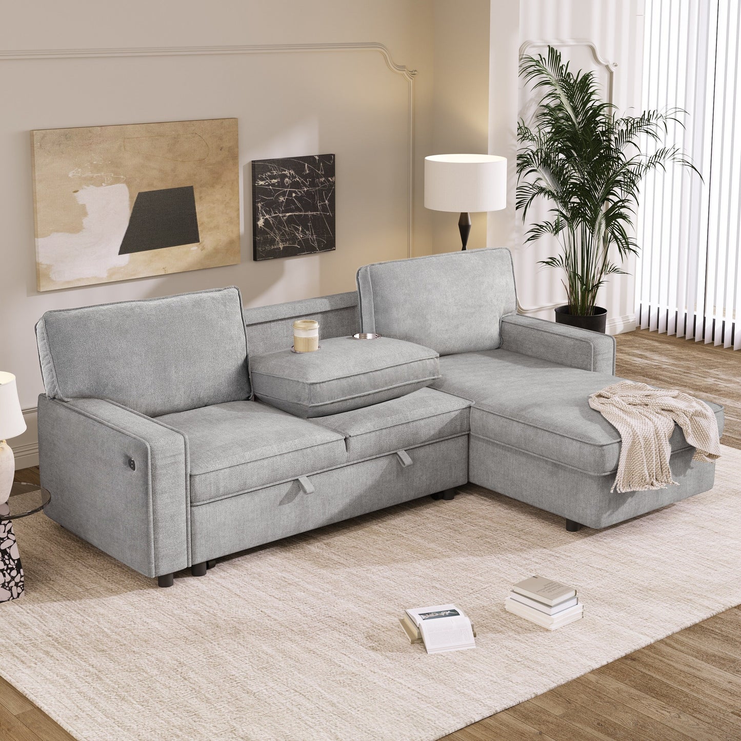 Canapé-lit 3 places en polyester de 89 po avec lit gigogne, chargement USB, pouf de rangement et porte-gobelets intégrés