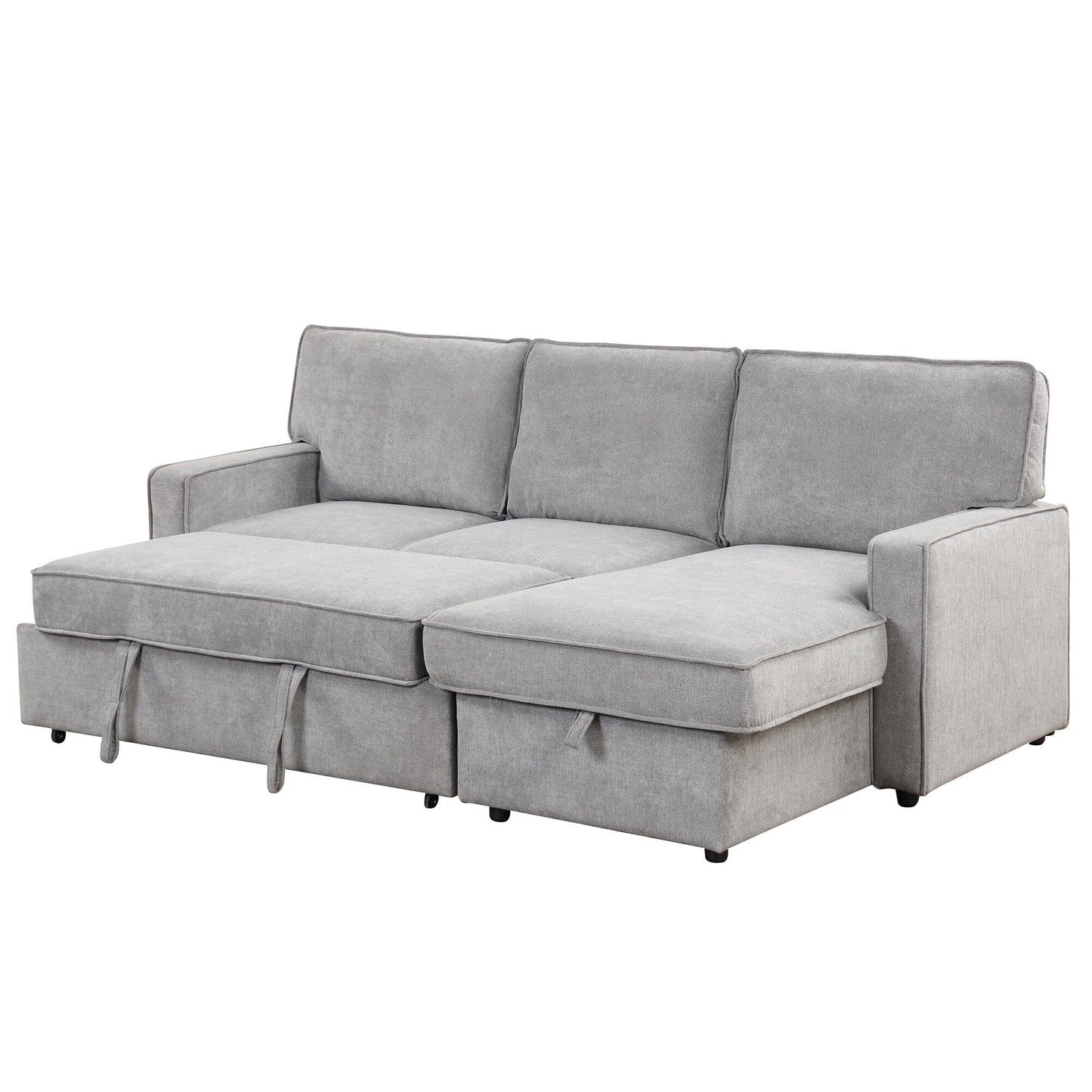 Canapé-lit 3 places en polyester de 89 po avec lit gigogne, pouf de rangement, port USB et porte-gobelets intégrés