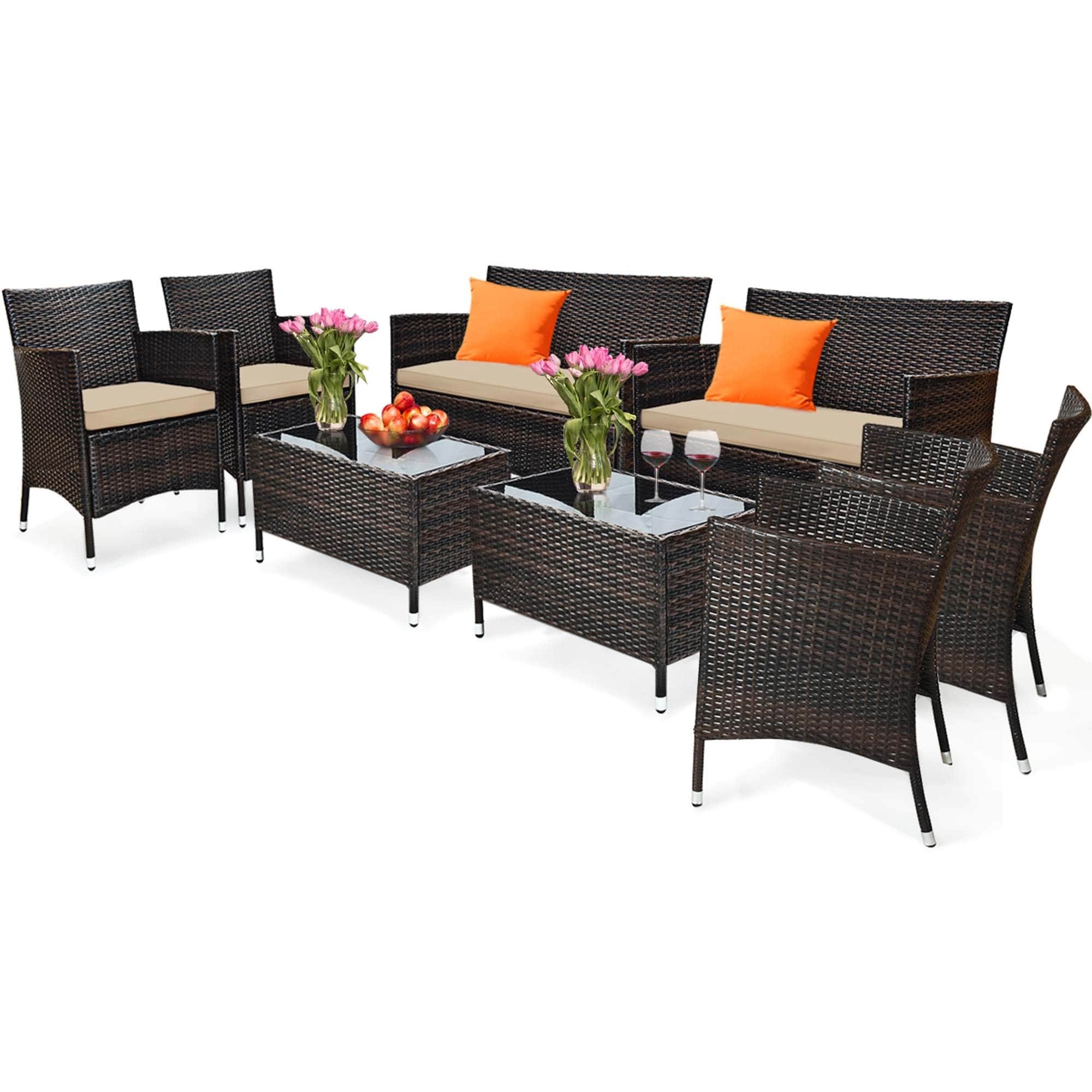 Ensemble de meubles de jardin en rotin 8 pièces avec table d'appoint