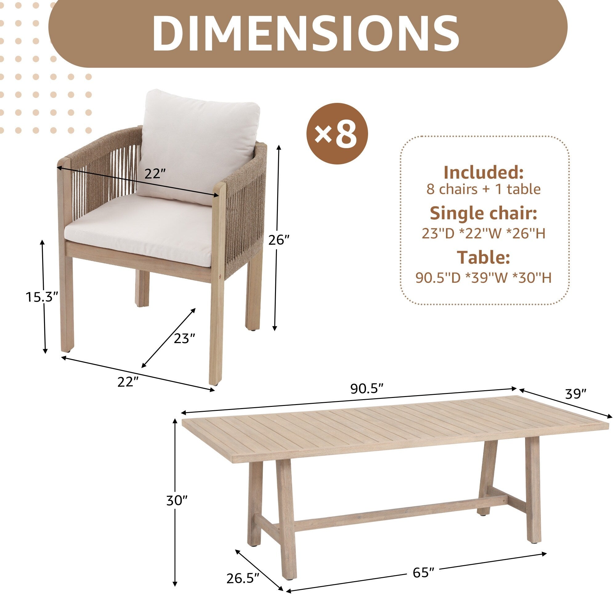 Ensemble de salle à manger d'extérieur en bois 9 pièces avec coussins