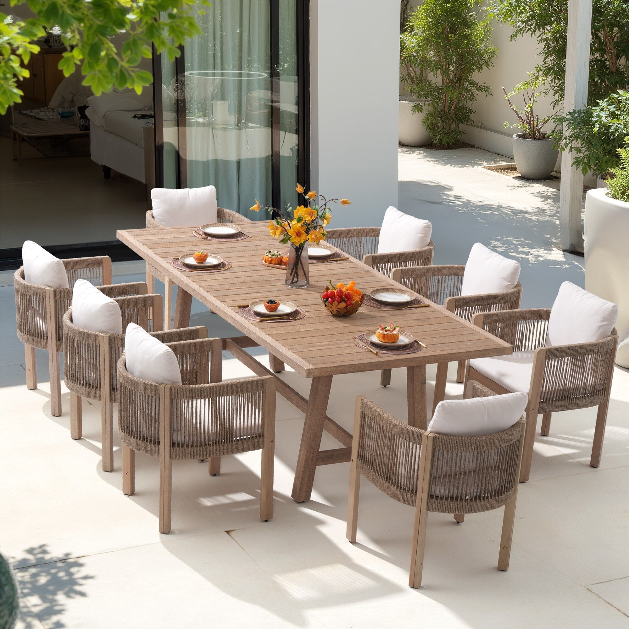 Ensemble de salle à manger d'extérieur en bois 9 pièces avec coussins