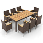 Ensemble de salle à manger d'extérieur en osier PE 9 pièces, table et chaises en bois d'acacia