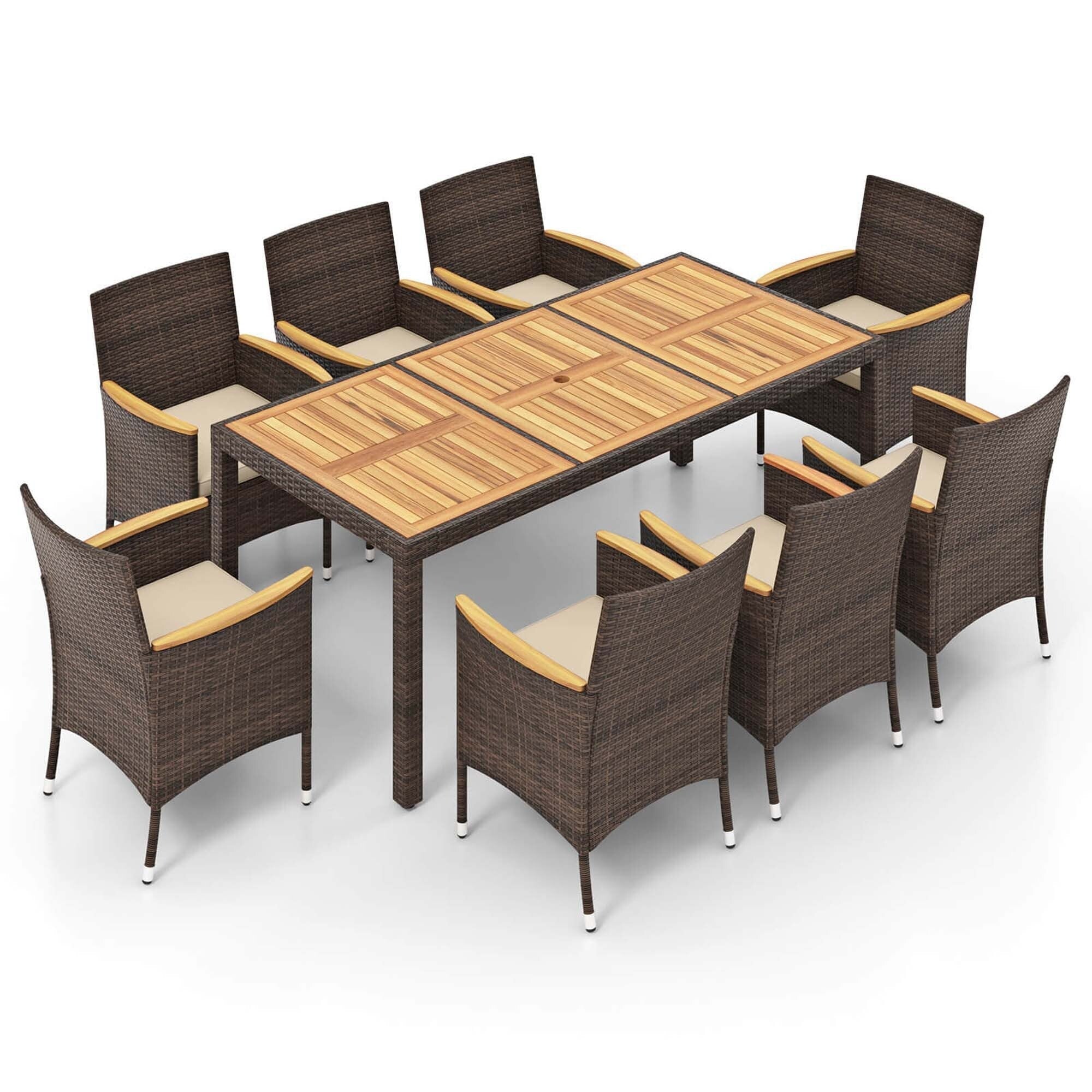 Ensemble de salle à manger d'extérieur en osier PE 9 pièces, table et chaises en bois d'acacia