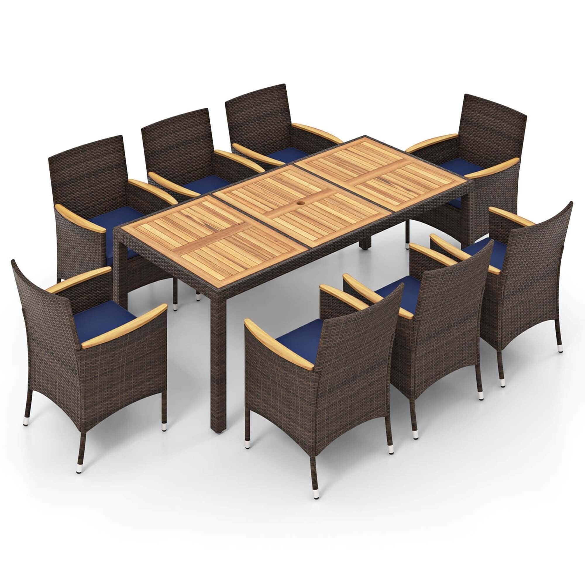 Ensemble de salle à manger d'extérieur en osier PE 9 pièces, table et chaises en bois d'acacia