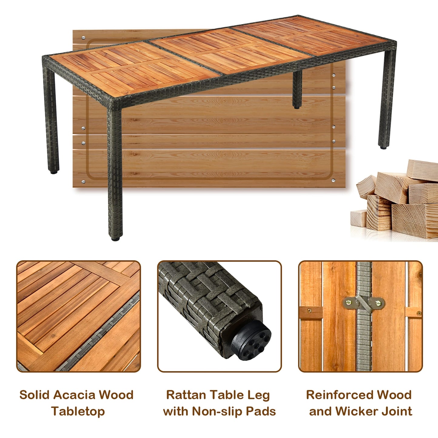 Ensemble de salle à manger en rotin 9 pièces pour patio, ensemble de meubles en bois et osier Garde