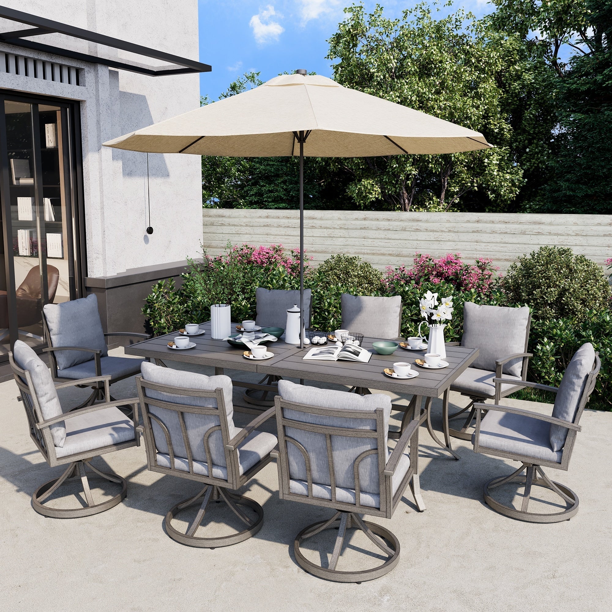 Ensemble de salle à manger de patio en aluminium 9 pièces avec 8 chaises pivotantes et coussins lavables