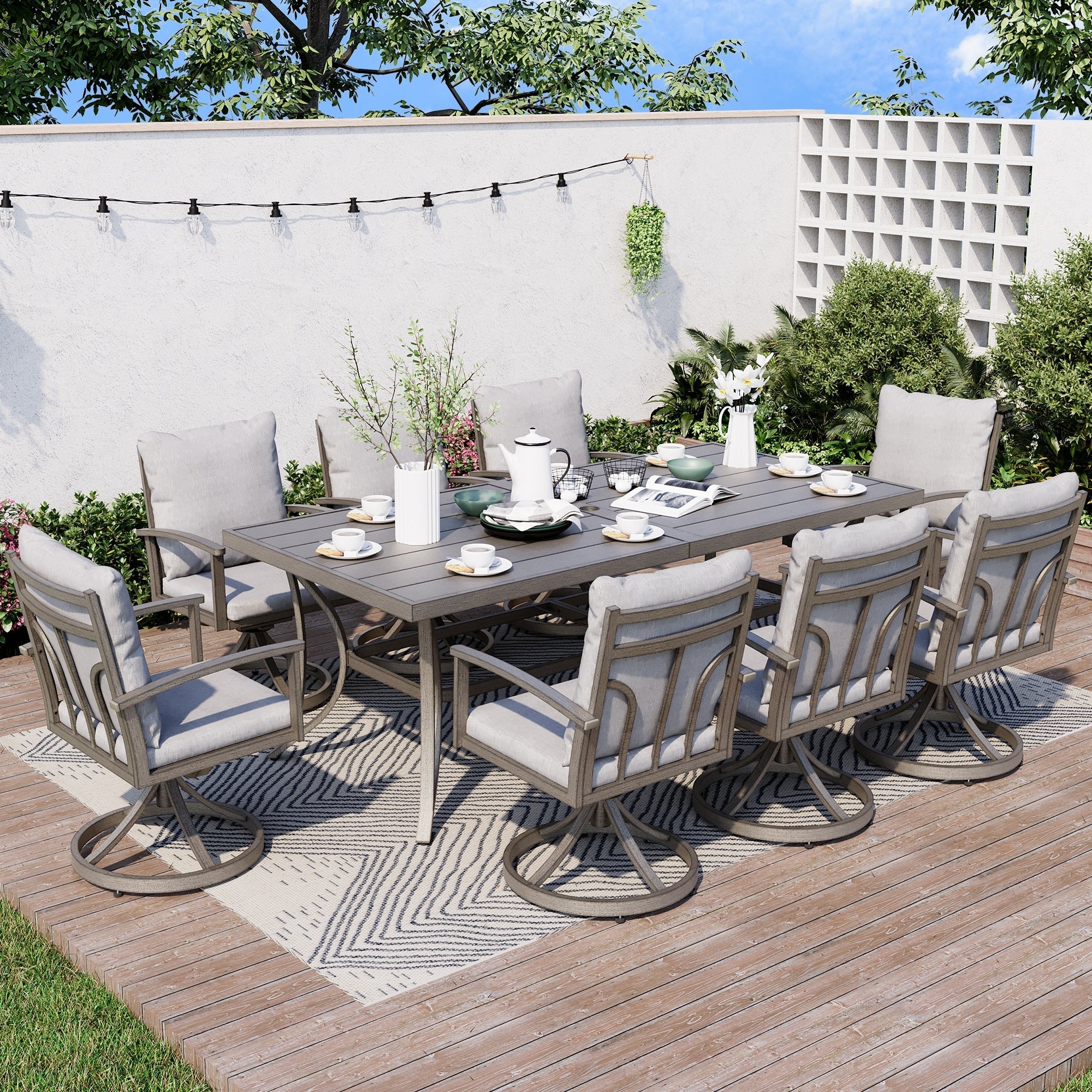Ensemble de salle à manger de patio en aluminium 9 pièces avec 8 chaises pivotantes et coussins lavables