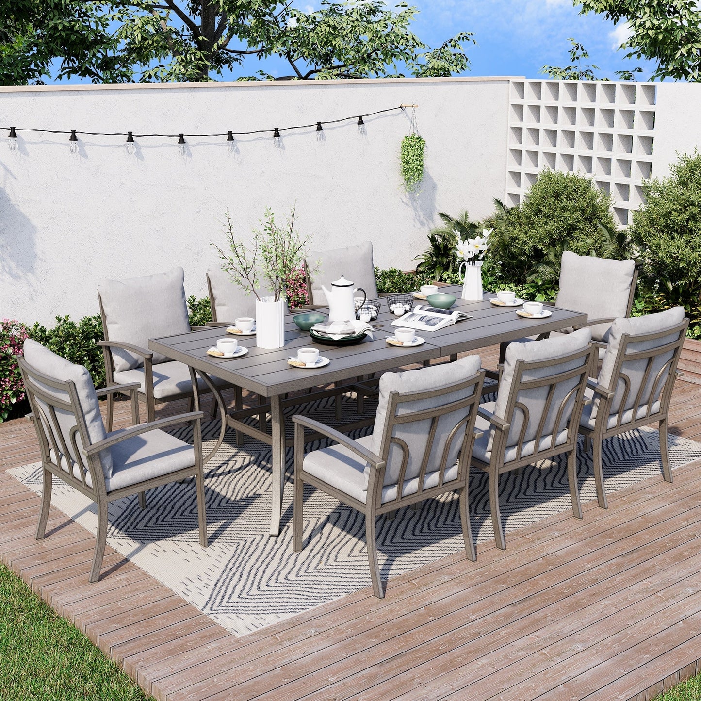 Ensemble de salle à manger de patio en aluminium 9 pièces avec table et coussins lavables gris clair