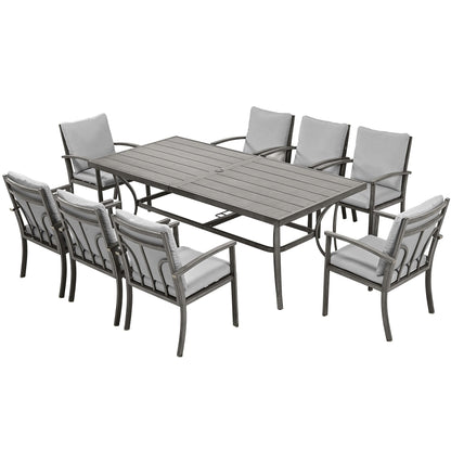 Ensemble de salle à manger de patio en aluminium 9 pièces avec table et coussins lavables gris clair