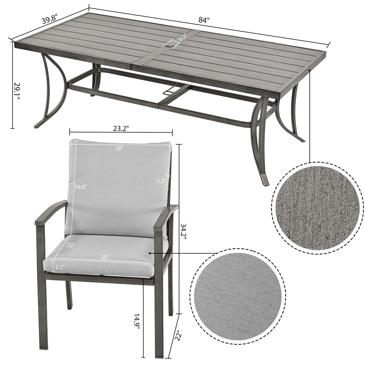 Ensemble de salle à manger de patio en aluminium 9 pièces avec table et coussins lavables gris clair
