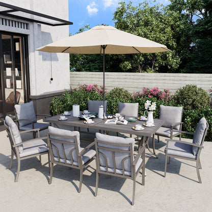 Ensemble de salle à manger de patio en aluminium 9 pièces avec table et coussins lavables gris clair