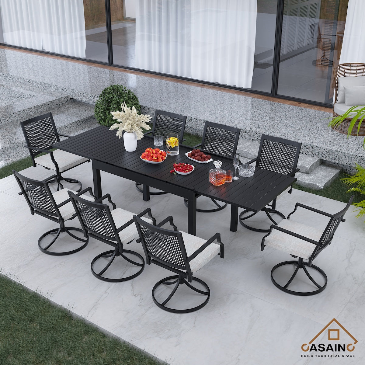 Ensemble de salle à manger de patio 9 pièces avec cadre en métal et table extensible en aluminium