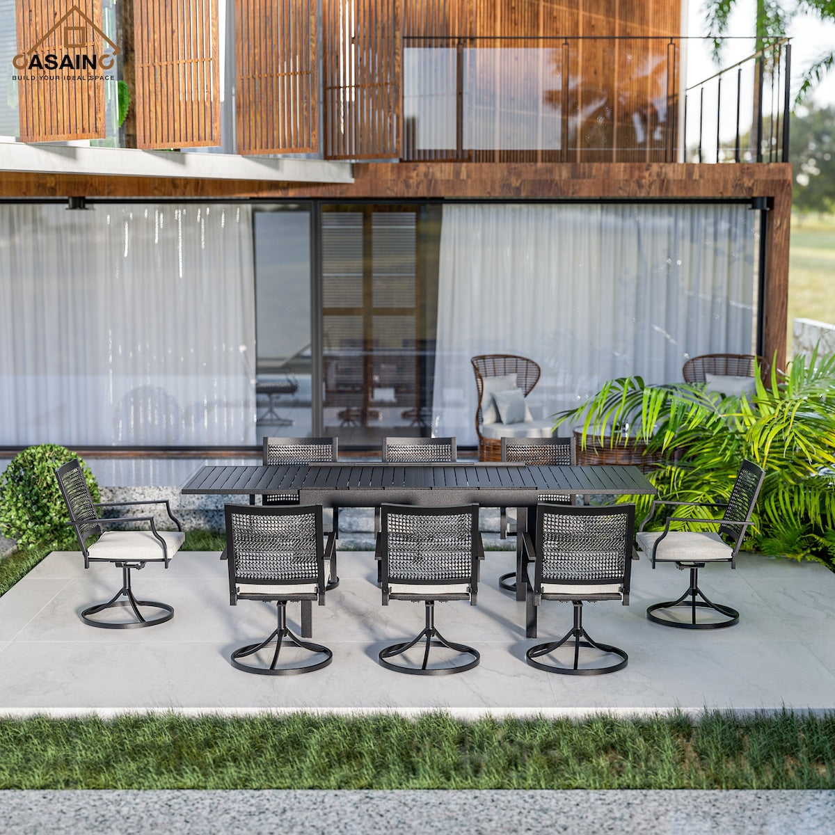 Ensemble de salle à manger de patio 9 pièces avec cadre en métal et table extensible en aluminium