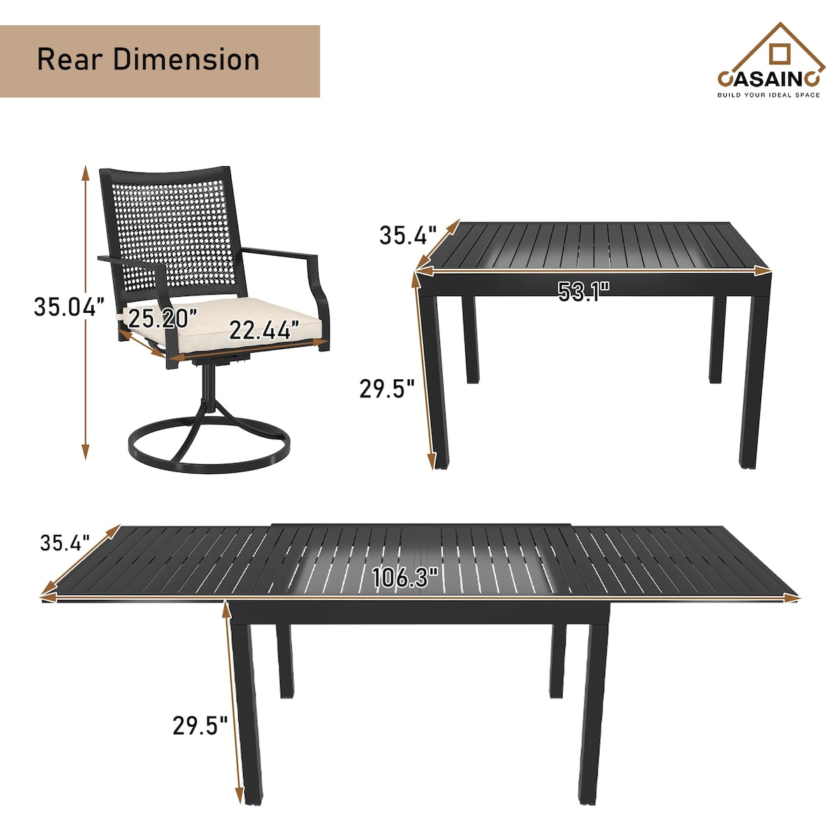 Ensemble de salle à manger de patio 9 pièces avec cadre en métal et table extensible en aluminium