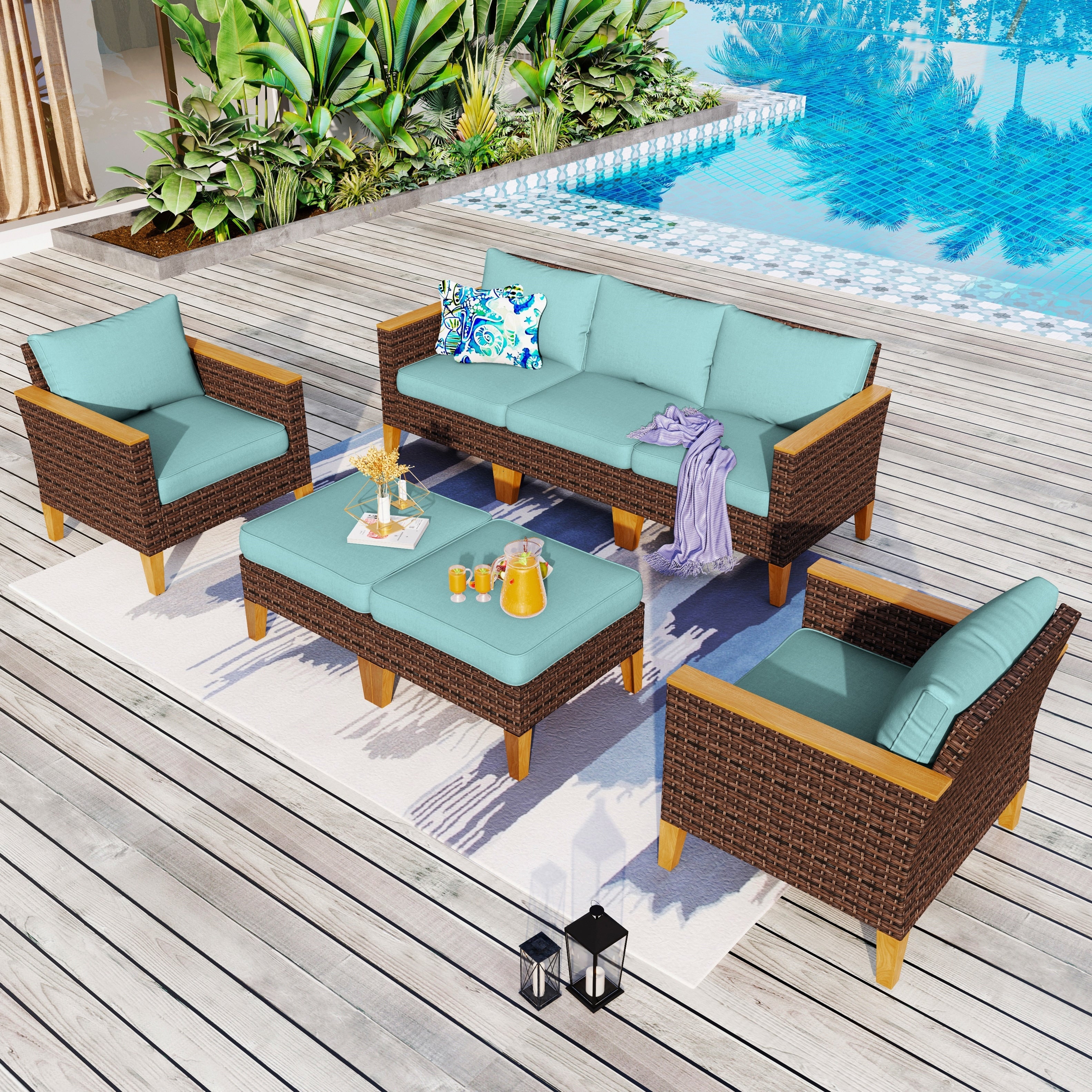 Ensemble de 9 canapés d'extérieur en osier, de luxe, avec coussin beige