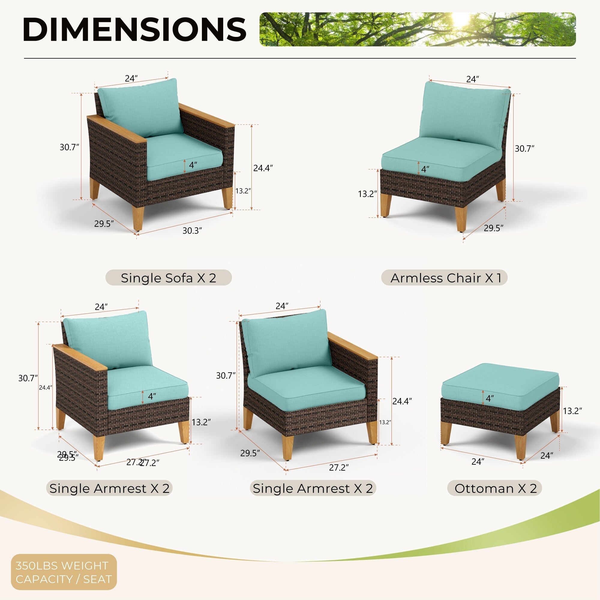 Ensemble de 9 canapés d'extérieur en osier, de luxe, avec coussin beige