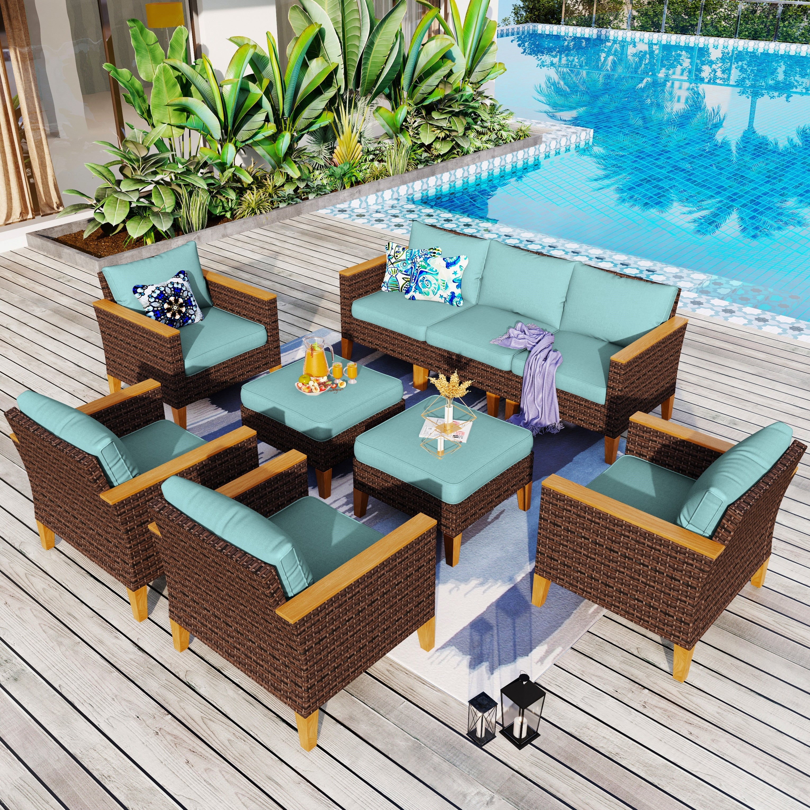 Ensemble de 9 canapés d'extérieur en osier, de luxe, avec coussin beige