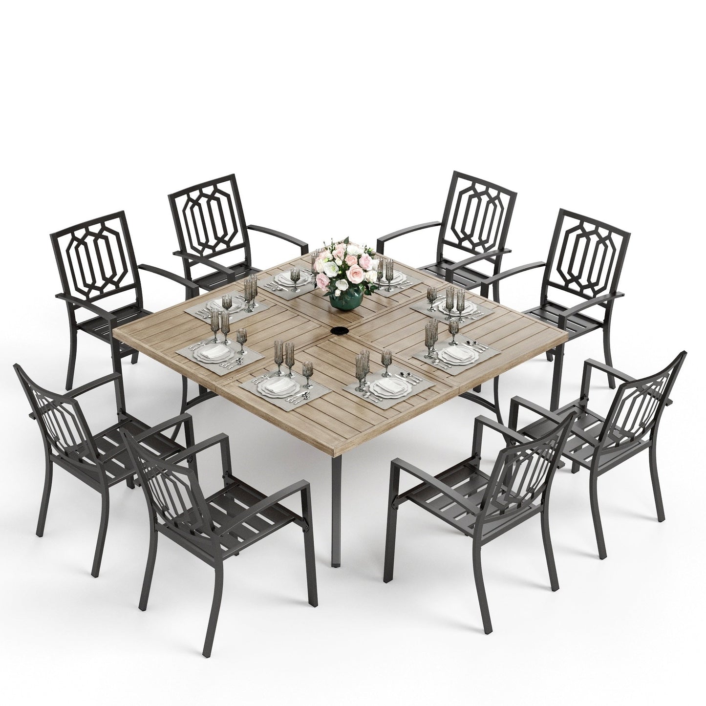 Ensemble de salle à manger de patio MAISON ARTS 9 pièces, table carrée en métal de 60 pouces et 8 chaises de salle à manger en métal