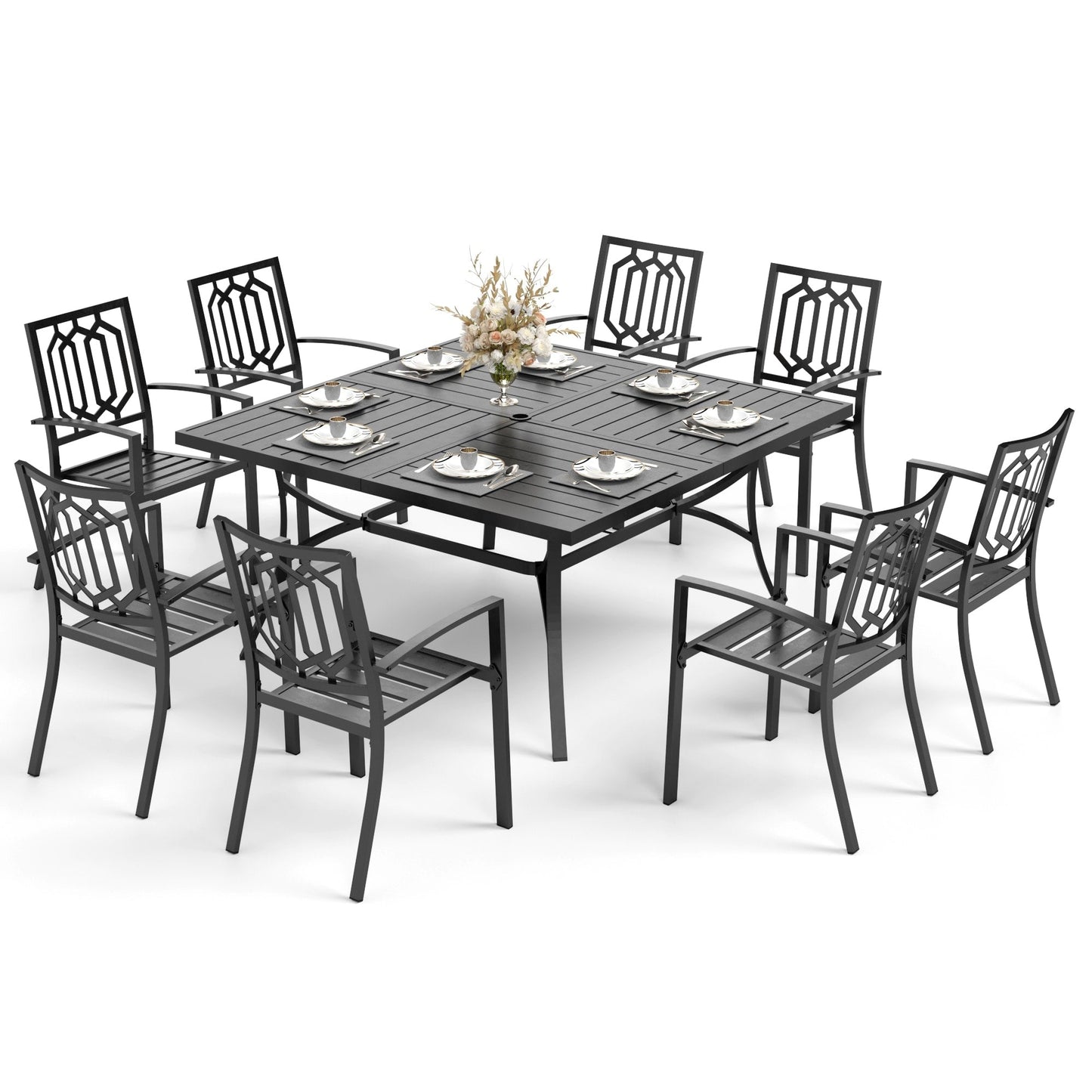 Ensemble de salle à manger de patio MAISON ARTS 9 pièces, table carrée en métal de 60 pouces et 8 chaises de salle à manger en métal