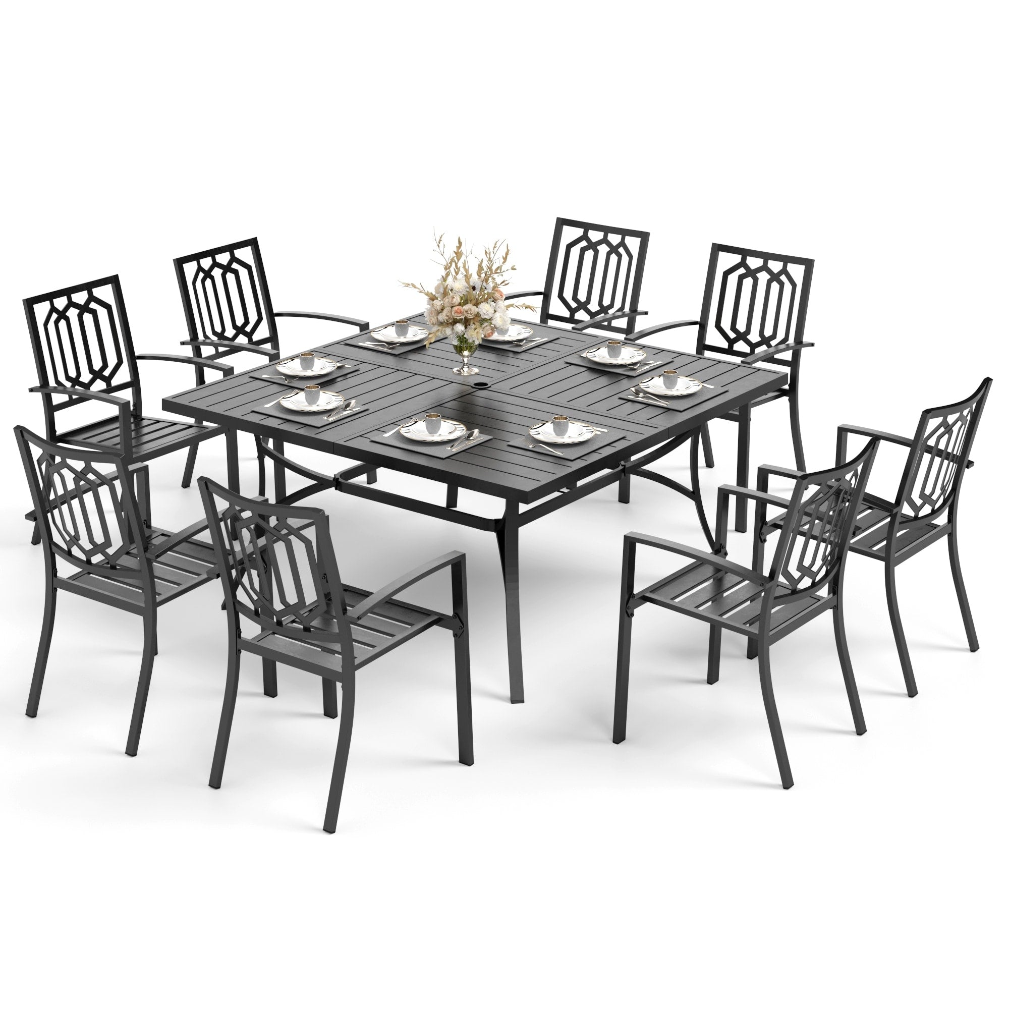Ensemble de salle à manger de patio MAISON ARTS 9 pièces, table carrée en métal de 60 pouces et 8 chaises de salle à manger en métal