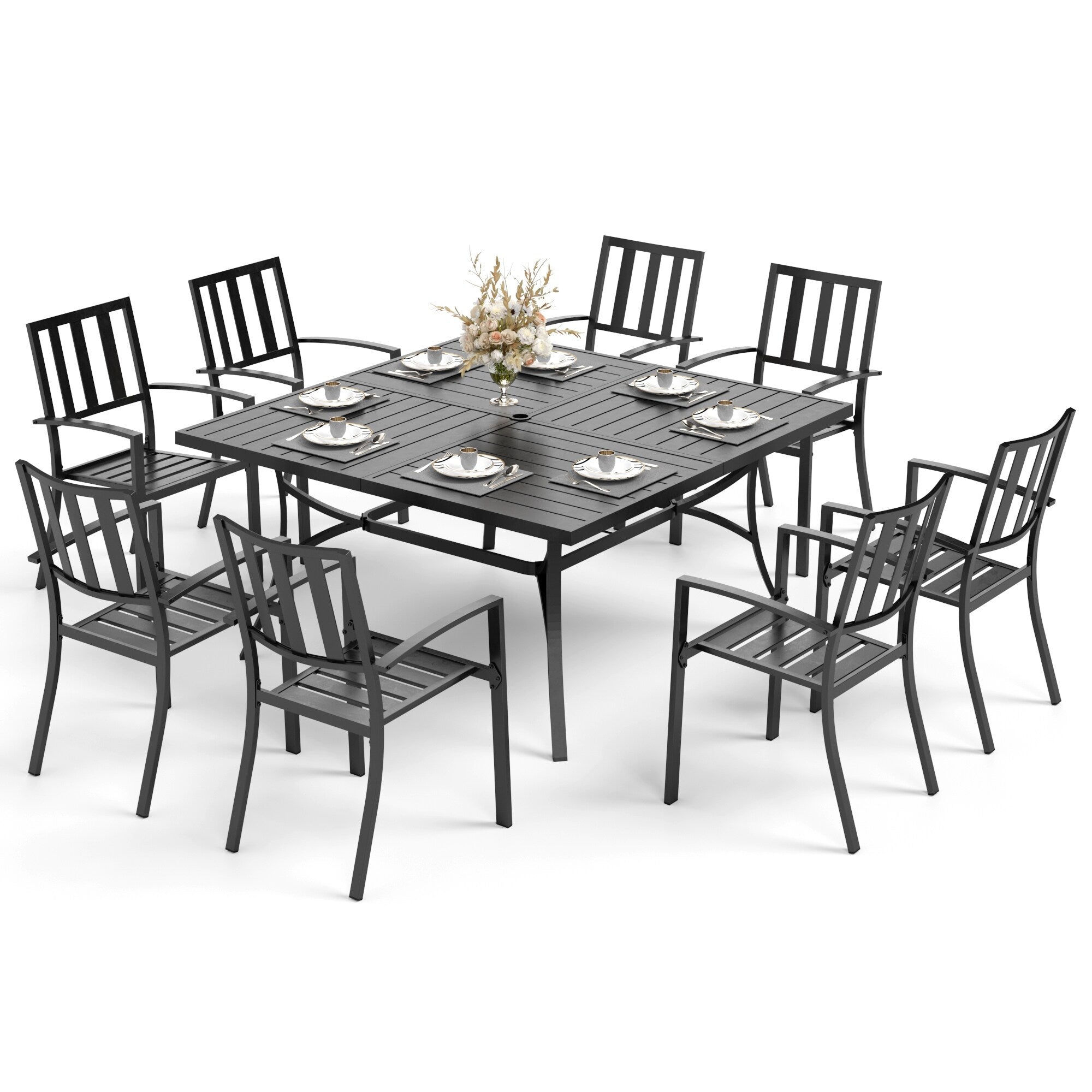 Ensemble de salle à manger de patio MAISON ARTS 9 pièces, table carrée en métal de 60 pouces et 8 chaises de salle à manger en métal