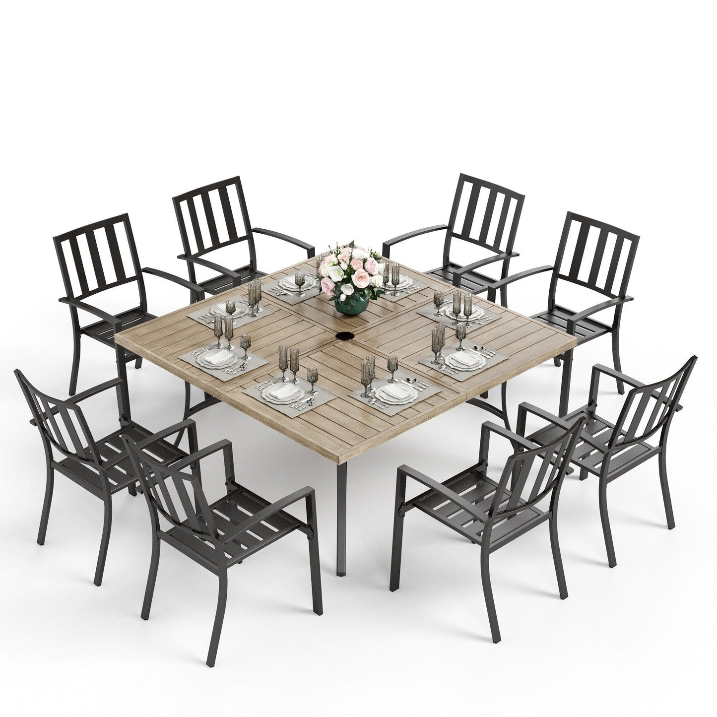 Ensemble de salle à manger de patio MAISON ARTS 9 pièces, table carrée en métal de 60 pouces et 8 chaises de salle à manger en métal