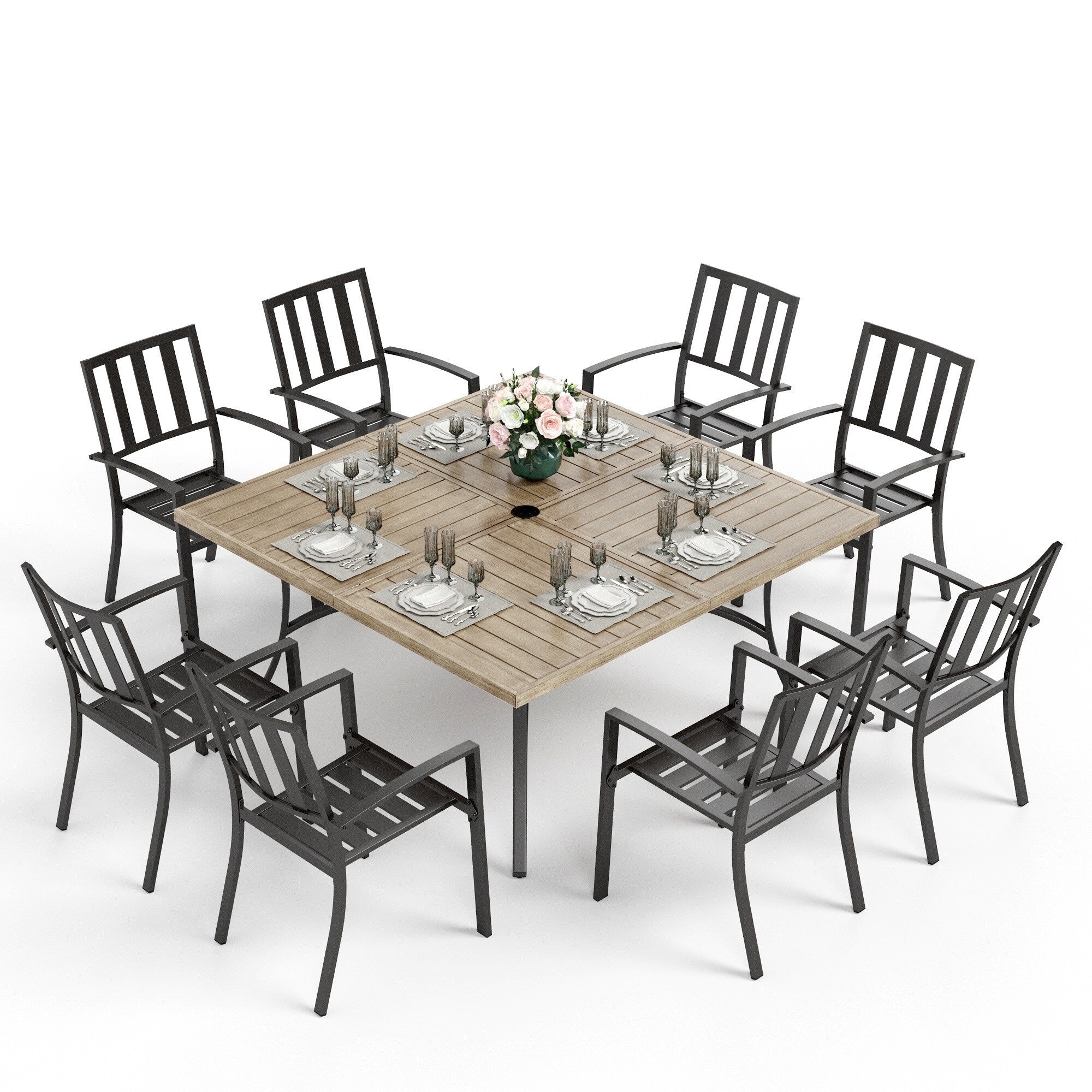 Ensemble de salle à manger de patio MAISON ARTS 9 pièces, table carrée en métal de 60 pouces et 8 chaises de salle à manger en métal