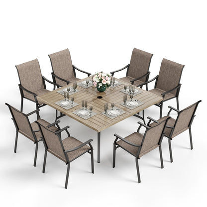 Ensemble de salle à manger de patio MAISON ARTS 9 pièces, table carrée en métal de 60 pouces et 8 fauteuils rembourrés en tissu textilène